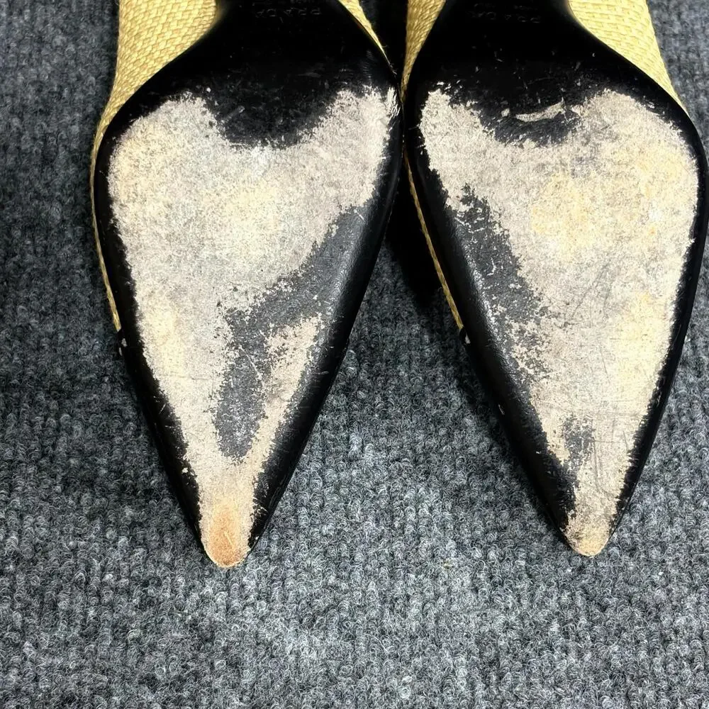 Prada Shoes Womens 5.5 EU 35.5 Beige Black Leather Woven Cap Toe Pumps Heels